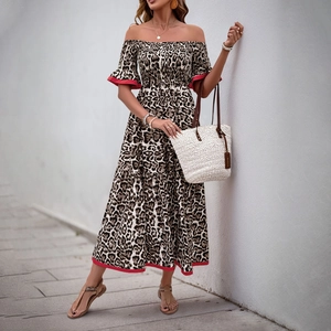 Summer off-shoulder leopard print midi dress with ruffle sleeves and red trim detail
