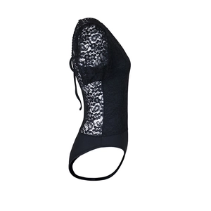 Detailed side view of black floral lace bodysuit with short sleeves and high-cut leg