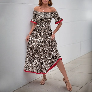 Off-shoulder leopard print midi dress with red contrast trim and elastic waist for women