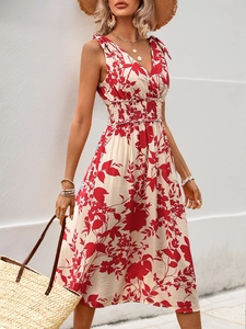Robe midi sans manches à fleurs rouges, col en V et nœuds aux épaules pour l'été