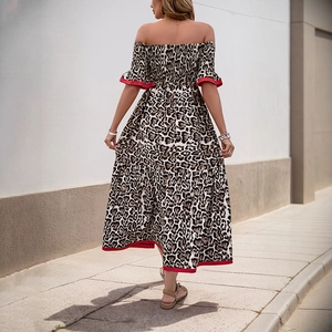 Off-shoulder leopard print maxi dress with red contrast ruffles and a-line silhouette