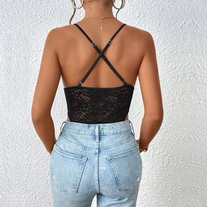 Women's black lace V-neck bodysuit with criss-cross back straps and floral details