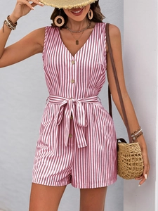 Detail of pink and white striped romper with V-neck, front buttons and waist tie