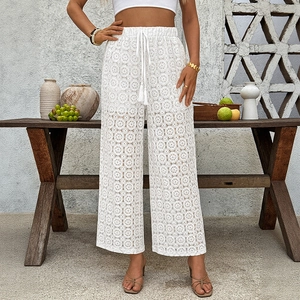 Women's Bohemian White Lace Crochet Wide Leg Pants High Waist Drawstring Straight Casual Vacation Beach Trousers With Tassels