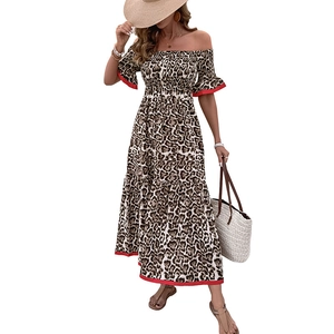 Off-shoulder leopard print maxi dress with red trim and high waist for summer vacations