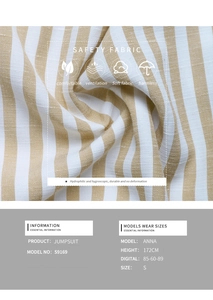 Detail of breathable khaki and white striped linen fabric for the V-neck jumpsuit