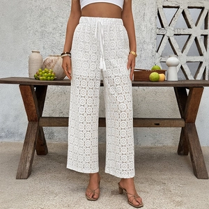 Bohemian white lace wide-leg pants with high waist drawstring and floral embroidery