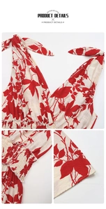 Détail de robe fleurie rouge avec licou, décolleté en V et taille élastique froncée