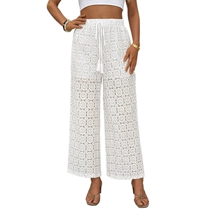Women's high waist white lace wide leg pants with elastic drawstring and tassel details
