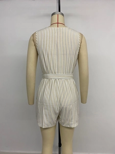 Detail view showing the back of a sleeveless vertical striped romper with waist belt