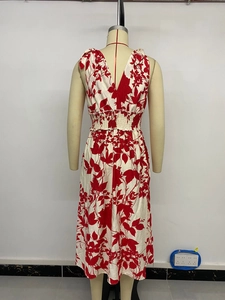 Détail de l'imprimé fleuri rouge sur robe d'été sans manches à col en V et taille élastique