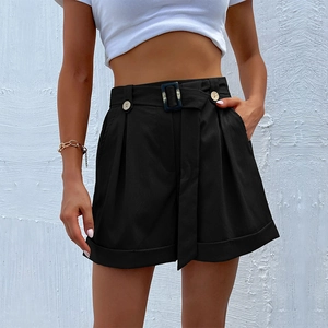 Women Casual High Waist Wide Leg Shorts With Belt Solid Color Cuffed Hem Summer Office Commute Shorts For Women