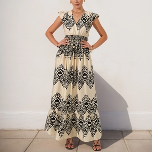 Women Bohemian Print Maxi Dress V Neck Smocked High Waist Summer Vacation Ethnic Fly Sleeve Tiered Long Dress