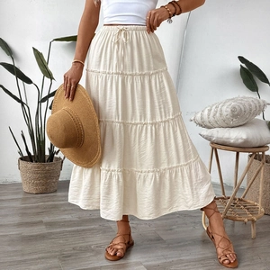 Women minimalist white tiered maxi skirt with high elastic drawstring waist cotton linen
