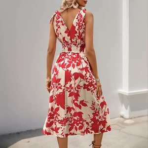 Robe midi sans manches à fleurs avec col en V, dos nu et bretelles à nœuds