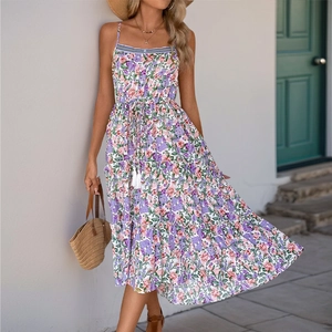Damen Elegant Blumendruck Midi Kleid Bohemian Spaghettiträger Stufen Rüschenkleid Hohe Taille Kordelzug Urlaub Sonnenkleid