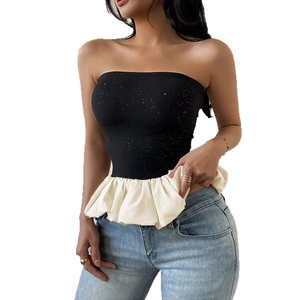 Slim fit black sequin tube top with cream ruffled peplum hem for women