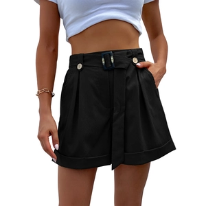 Women's black high-waist loose shorts with belted square buckle and side buttons