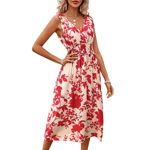 Robe midi d'été sans manches à fleurs rouges, col en V et bretelles avec nœuds