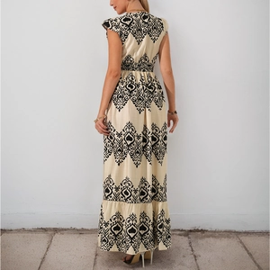 Beige floral maxi dress with ethnic print, high waist and layered hem for vacation