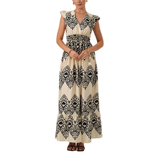 Bohemian floral print maxi dress with deep V-neck, smocked waist and tiered ruffles