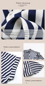 Detailed fabric texture and V-neckline of a blue and white striped shirt dress