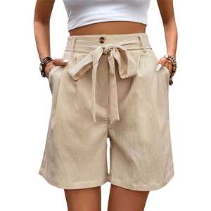 Women's high waist casual beige cotton linen shorts with front drawstring bow and pockets
