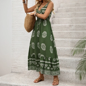 Bohemian deep green V-neck sleeveless maxi dress with leaf print and ruffled hem