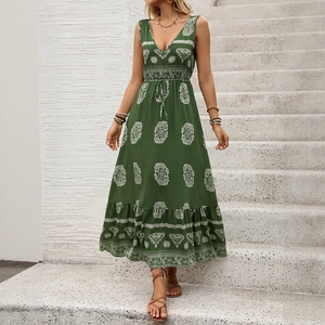 Bohemian V-Neck Sleeveless Maxi Dress Women Ethnic Print High Waist Drawstring Ruffle Hem Vacation Viscose Blend Long Dress