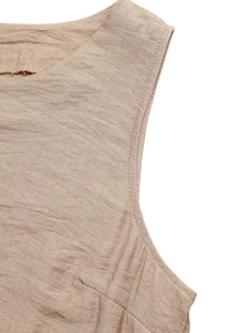 Detail of khaki sleeveless top showing high-quality linen blend texture and neat stitching