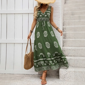 Bohemian green V-neck sleeveless maxi dress with ethnic print and drawstring high waist