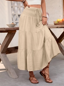 Women's summer khaki tiered A-line maxi skirt with elastic drawstring waist and flowy hem