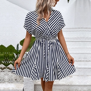 Navy Blue Striped Short Sleeve Dress For Women Summer V-Neck Waist Tie A-Line Mini Shirt Dress Elegant Vacation Style