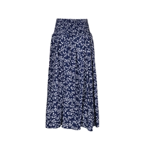 Detailed close-up of navy blue floral midi skirt showing elastic smocking waist and pattern