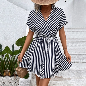 Short sleeve blue and white striped shirt dress with waist tie and A-line skirt