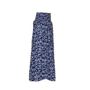 Detail of high waisted smocked waist on navy blue floral bohemian maxi skirt