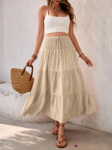 Women Casual Smocked High Waist Tiered Boho Maxi Skirt A-Line Viscose Nylon Khaki Drawstring Summer Daily Fashion Long Skirt