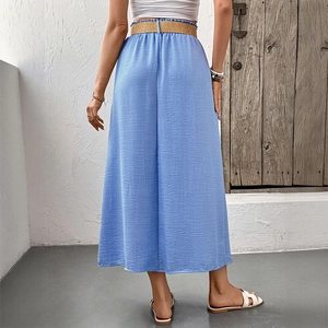 Blue high-waisted maxi skirt with belt and elastic paperbag waist for women in summer