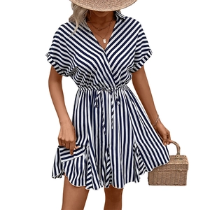 Summer striped shirt dress with V-neck, waist tie, and short sleeves for beach vacations