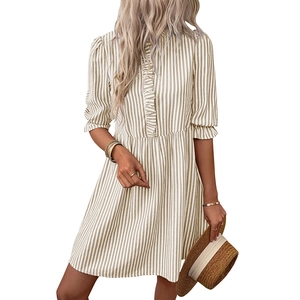 Beige striped summer dress with ruffle collar, puff sleeves and tiered skirt details