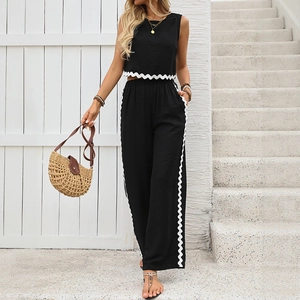 Tenue Femme Décontractée Été Haut Court Sans Manches Et Pantalon Large Avec Bordure Festonnée Rickrack Couleur Contrastée Vacances Co-ords