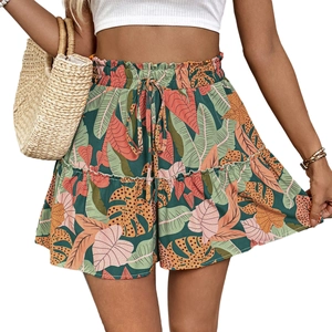 Women's tropical print high waist shorts with drawstring and ruffle hem for summer beach