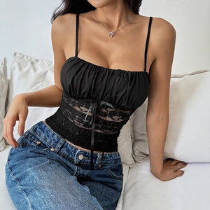 Women Sexy Black Lace Patchwork Camisole Ruched Slim Fit Tank Top With Bow Tie Sweet Cool Summer Sleeveless Club Party Top