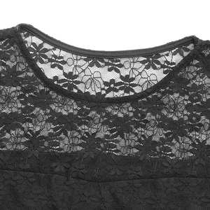 Close-up of elegant black floral lace pattern on round neckline of slim fit top