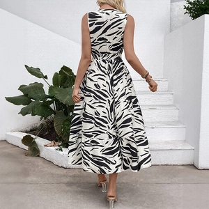 Elegant V-neck sleeveless zebra print midi dress with high elastic waist and tiered skirt
