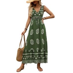 Green bohemian V-neck sleeveless maxi dress with ethnic floral print and drawstring waist