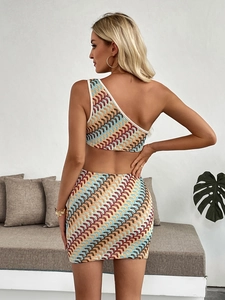 Detail of colorful bohemian wavy knit texture on a one-shoulder bodycon skirt set