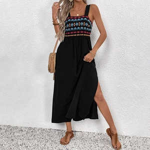 Abito Lungo da Donna Bohemién Etnico Floreale Ricamato Scollo Quadrato Senza Maniche Vacanza Estiva Spacco Laterale Vita Alta