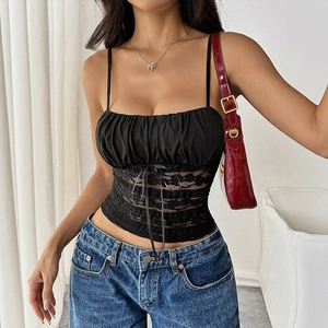 Slim fit black lace camisole top with ribbon bow and mesh panels for women