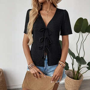 Women black V-neck textured knit T-shirt with stylish bow tie fronts in a summer casual style